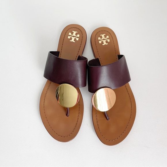 Tory Burch Patos DisK Flat Sandal Slip On Thong Leather Brown Goldtone Open Toe - Picture 4 of 12